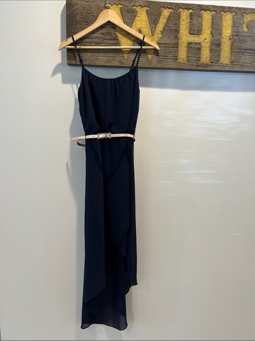 Vintage Outback Red Navy High-Low Spaghetti Strap Maxi Dress with Metallic Belt